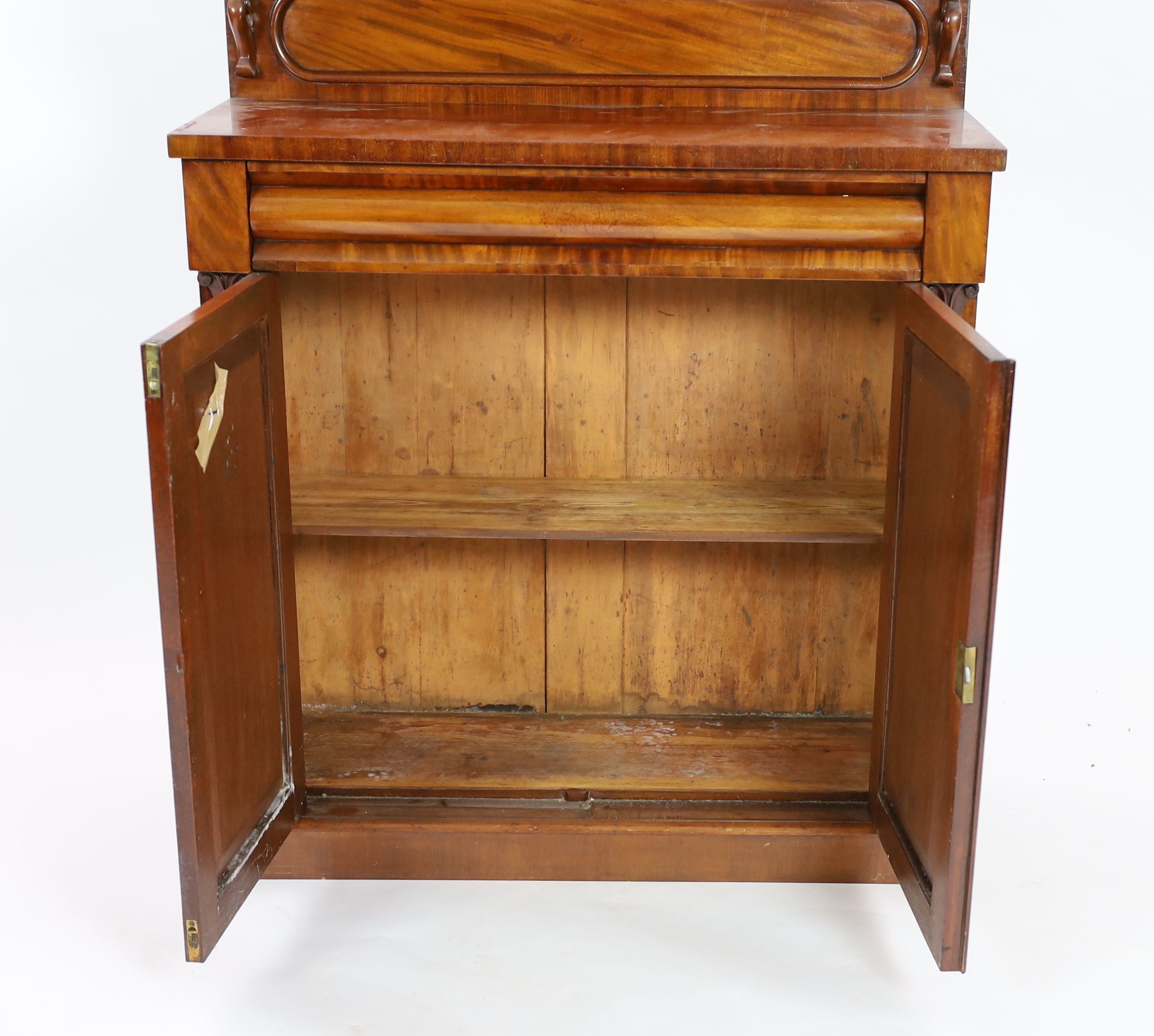 A Victorian mahogany chiffonier, width 91cm depth 35cm height 120cm